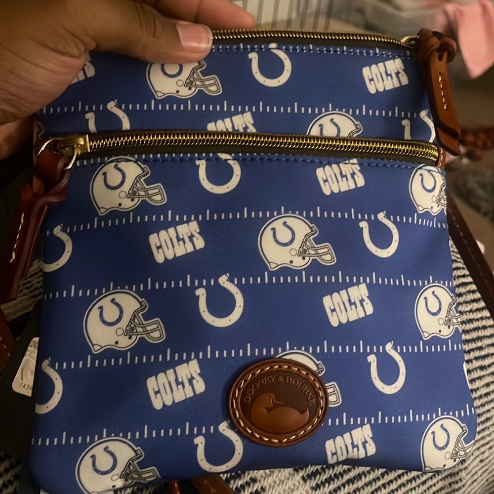 Blue and brown handbag